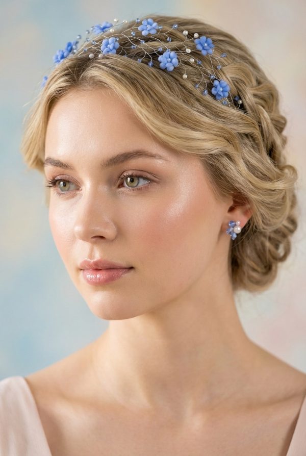 Blue flowers headband crystals and peals vine Silver flower crown