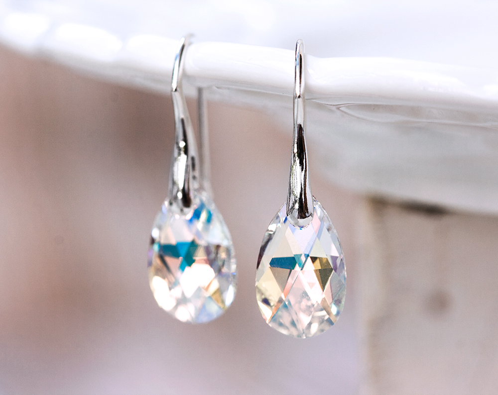 769 – White SWAROVSKI Teardrop crystal earrings silver Crystal AB Minimalist bridal earrings 769 с 2821 2