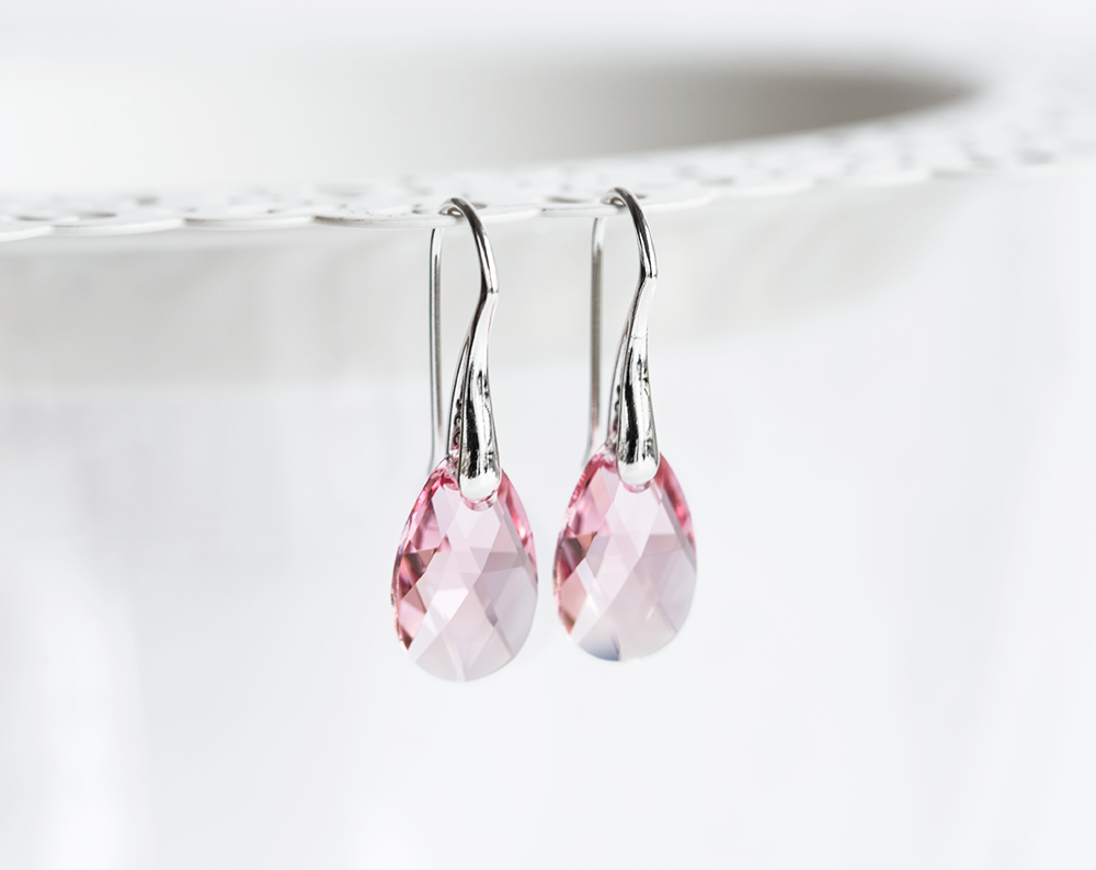 769 – Pink SWAROVSKI Teardrop crystal earrings silver Minimalist bridal earrings 769 с 2974