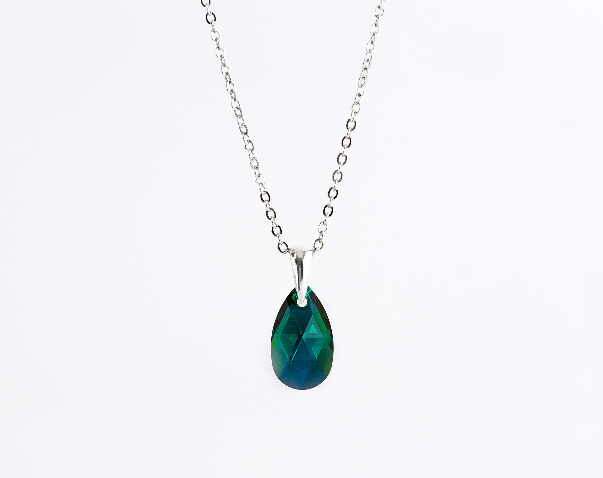 858 – Transparent white AB Swarovski teardrop crystal necklace Drop Swarovski pendant necklace Bridesmaid gift Emerald green crystal necklace