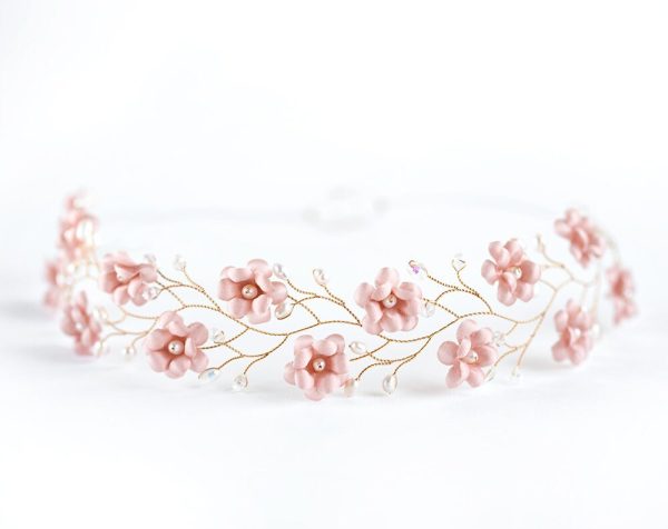 Tea rose bridal headpiece Pink Flower headpiece Gold Bridal flower crown