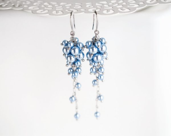 Blue Long chandelier earrings Cluster Swarovski pearls bridal earrings.