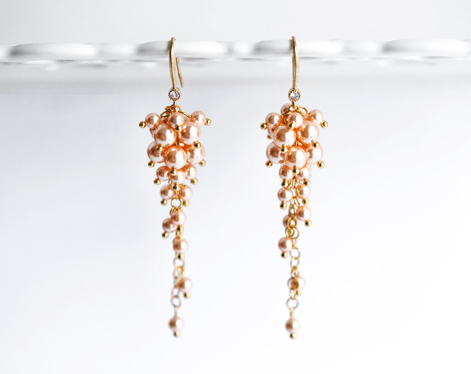 892 – Peach Long chandelier earrings Gold bridal Swarovski pearls earrings. il fullxfull.1674223489 hn2c