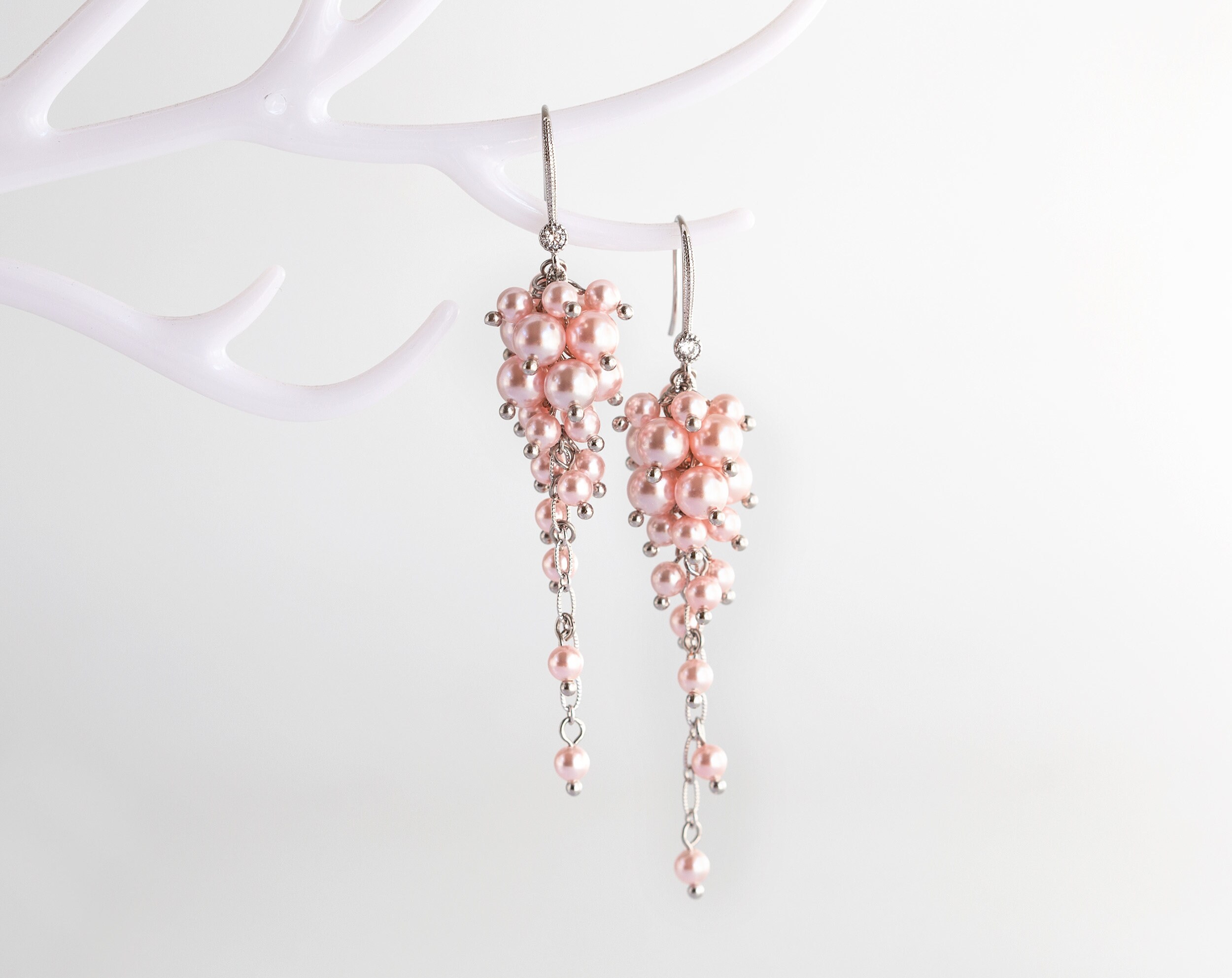 892 – Pink Long chandelier earrings silver. Cluster Rosaline Swarovski pearls bridal earrings. il fullxfull.2174893716 sr72
