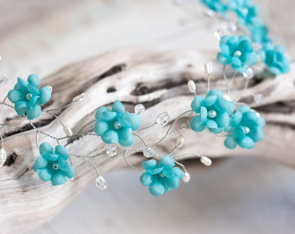 Light blue floral crown Bridal headband White Wedding pearls and crystals floral hairpiece