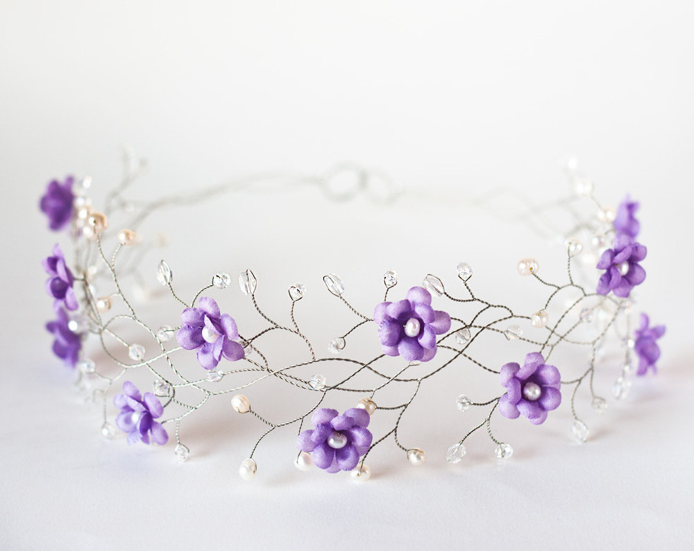 32 – Purple silk flowers headband Lilac crystals and peals vine Silver flower crown il fullxfull.541294428 brh8