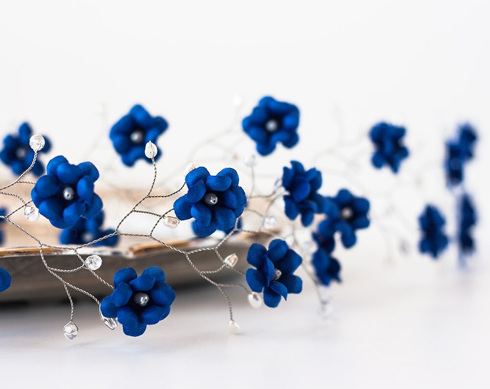 51 – Royal blue bridal headpiece Flower headpiece Silver Bridal flower crown Royal blue bridal headpiece Flower headpiece Silver Bridal flower crown
