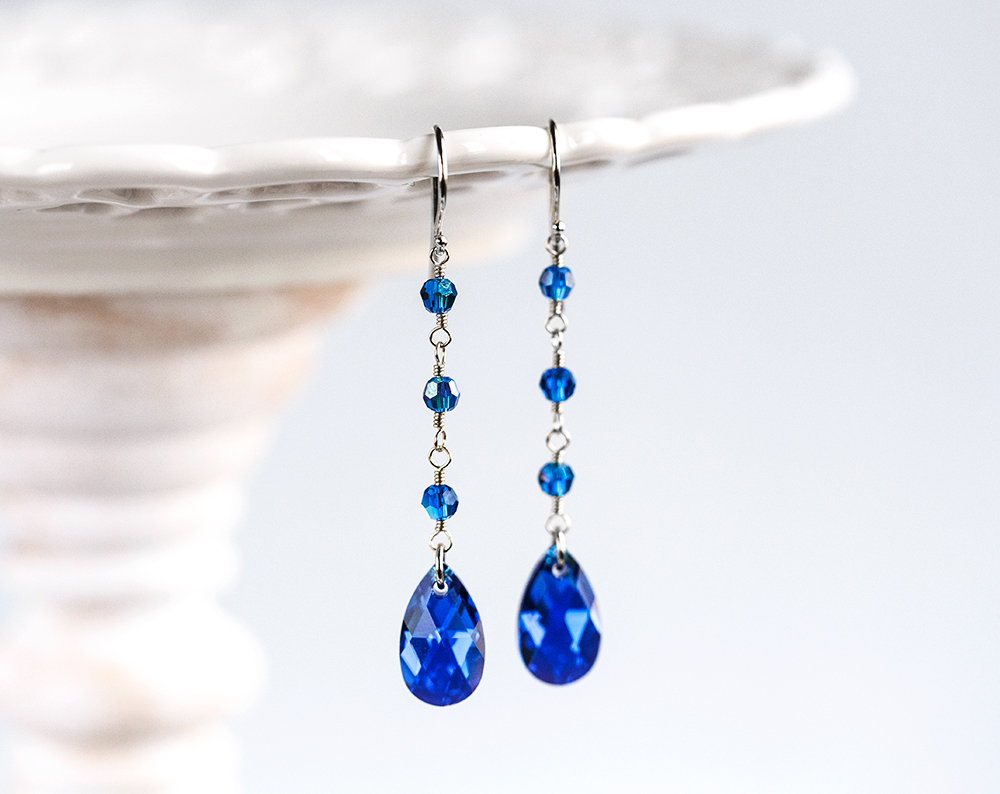 846 – Royal blue sterling silver Swarovski Long Tear drop crystal earrings. IMG 2652 как смарт объект 1