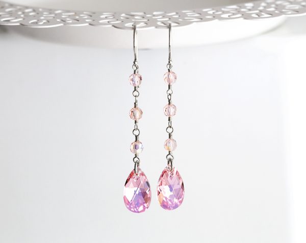 Pink Swarovski long tear drop crystal earrings
