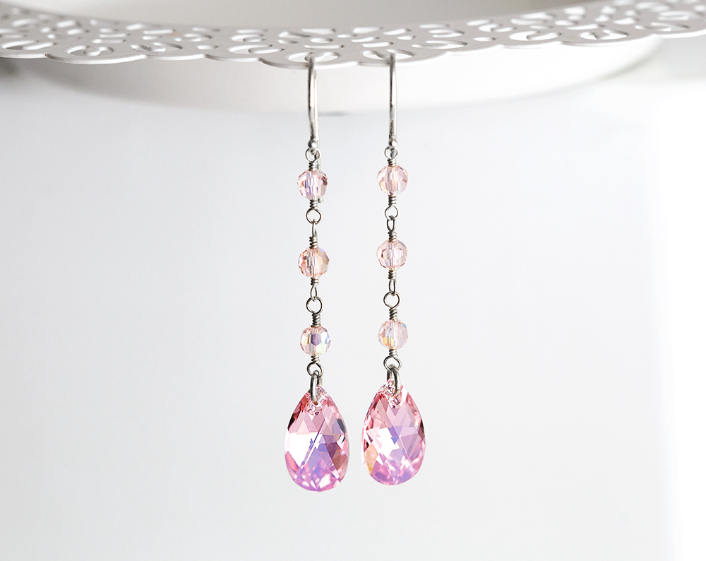 846 – Pink Swarovski long tear drop crystal earrings silver Pink Swarovski long tear drop crystal earrings
