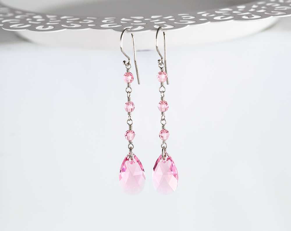 846 – Pink Swarovski long tear drop crystal earrings silver IMG 5629 как смарт объект 1