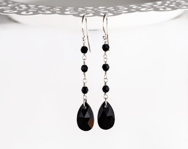 Black sterling silver Swarovski Long Tear drop crystal earrings.