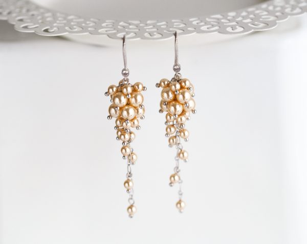 Gold Long chandelier earrings Cluster Swarovski pearls bridal earrings.