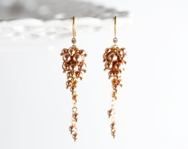Rose gold Long chandelier earrings Bridal Swarovski pearls earrings.