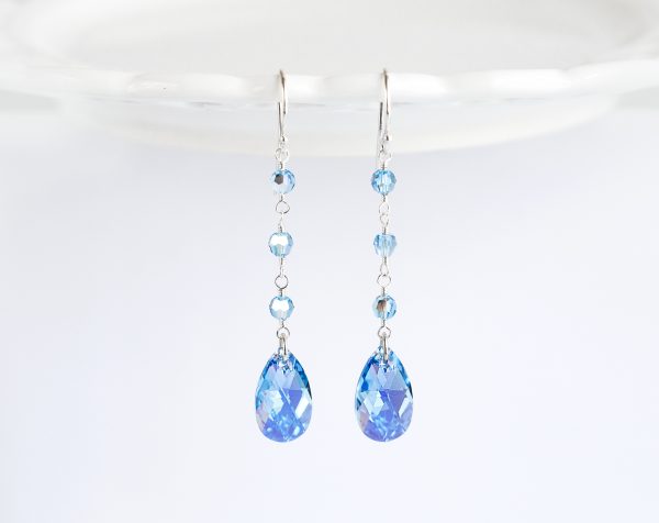 Blue Swarovski long tear drop crystal earrings silver