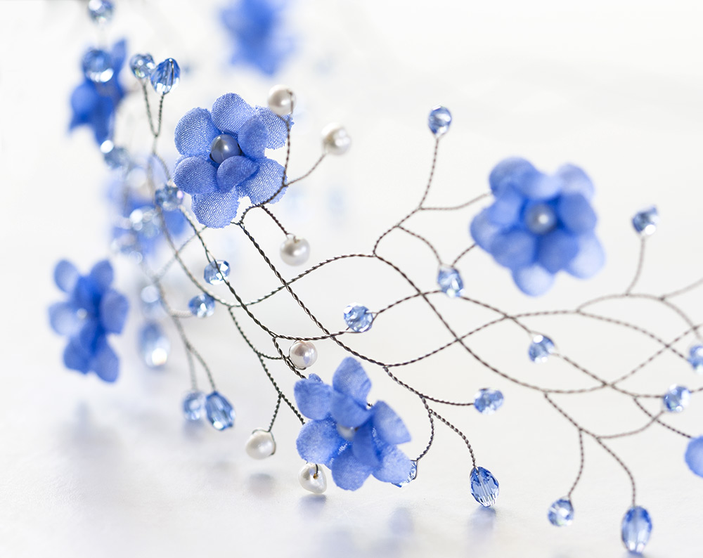 32 – Blue flowers headband crystals and peals vine Silver flower crown MG 1371