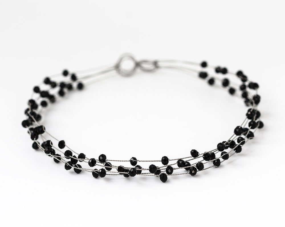 40 – Black crystal headband silver wire crown. Evening events crown. Black crystal headband