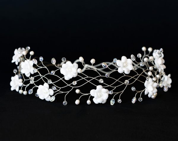 Silver flower crown White silk flowers headband Crystals and peals vine