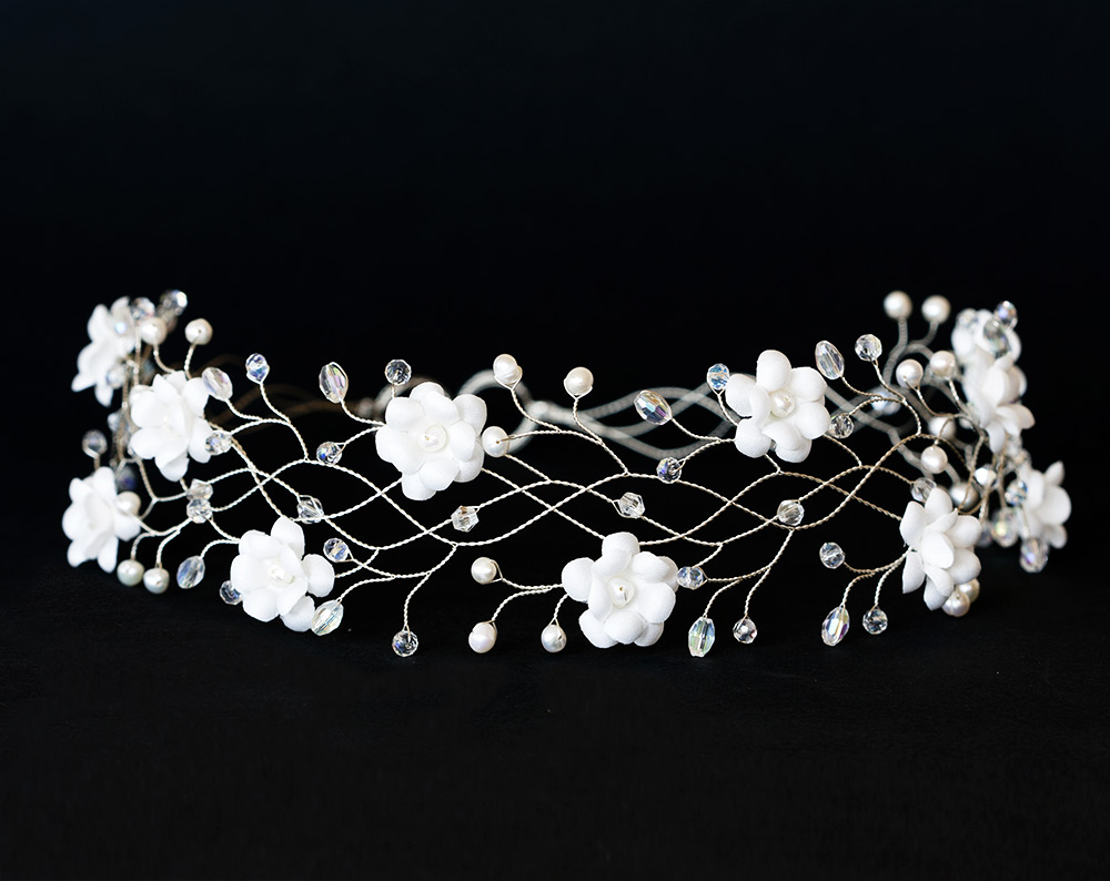 Silver flower crown White silk flowers headband Crystals and peals vine