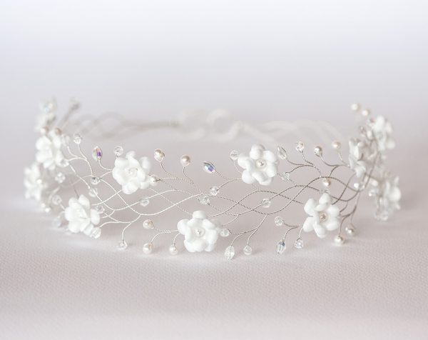 Silver flower crown White silk flowers headband Crystals and peals vine