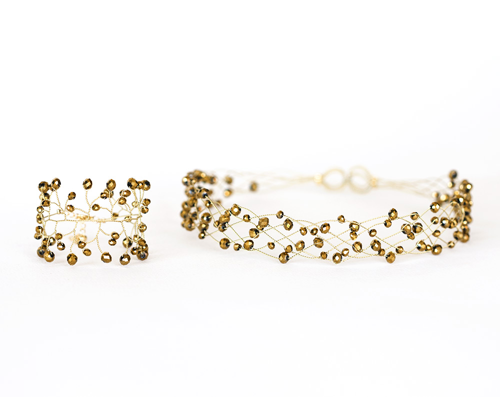 414 – Gold wedding jewellery set. Bridal crystal set Crown and Bracelet Gold crystal set Bracelet headband