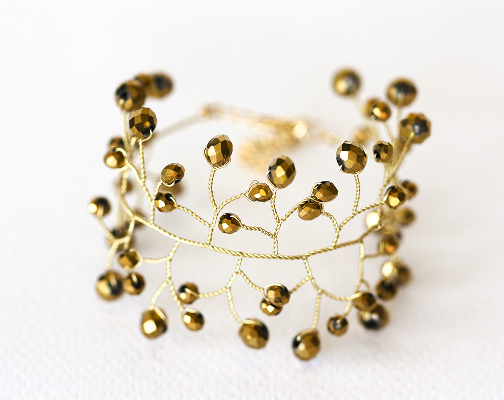 414 – Gold wedding jewellery set. Bridal crystal set Crown and Bracelet Gold crystal set Bracelet headband