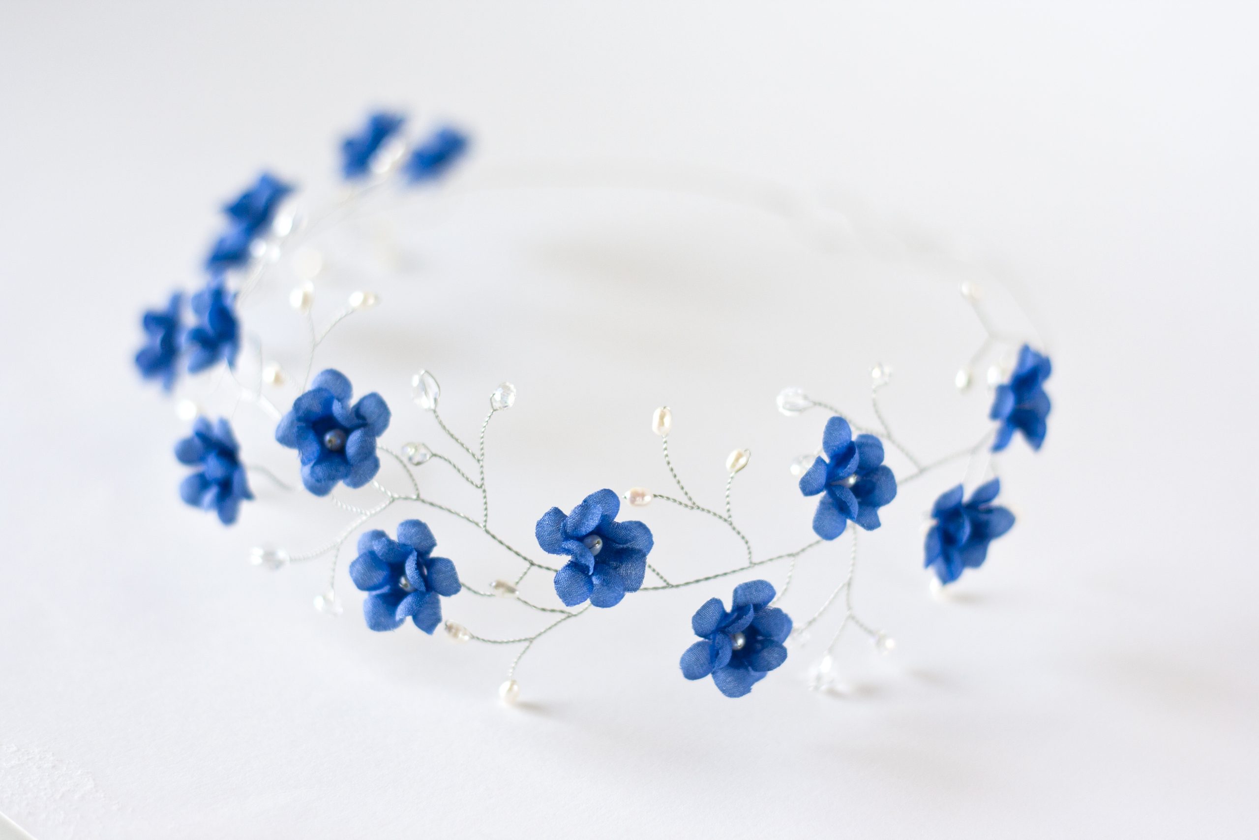 51 – Royal blue floral crown Bridal headband White Wedding pearls and crystals floral hairpiece MG 7842
