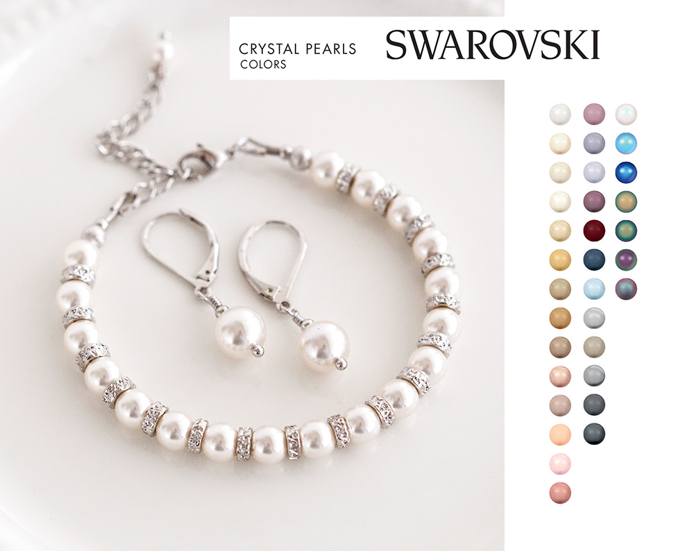 907 – White bridesmaid SWAROVSKI pearls jewelry set. White bridesmaid earrings and bracelet. Сваровски жемчуг выбор