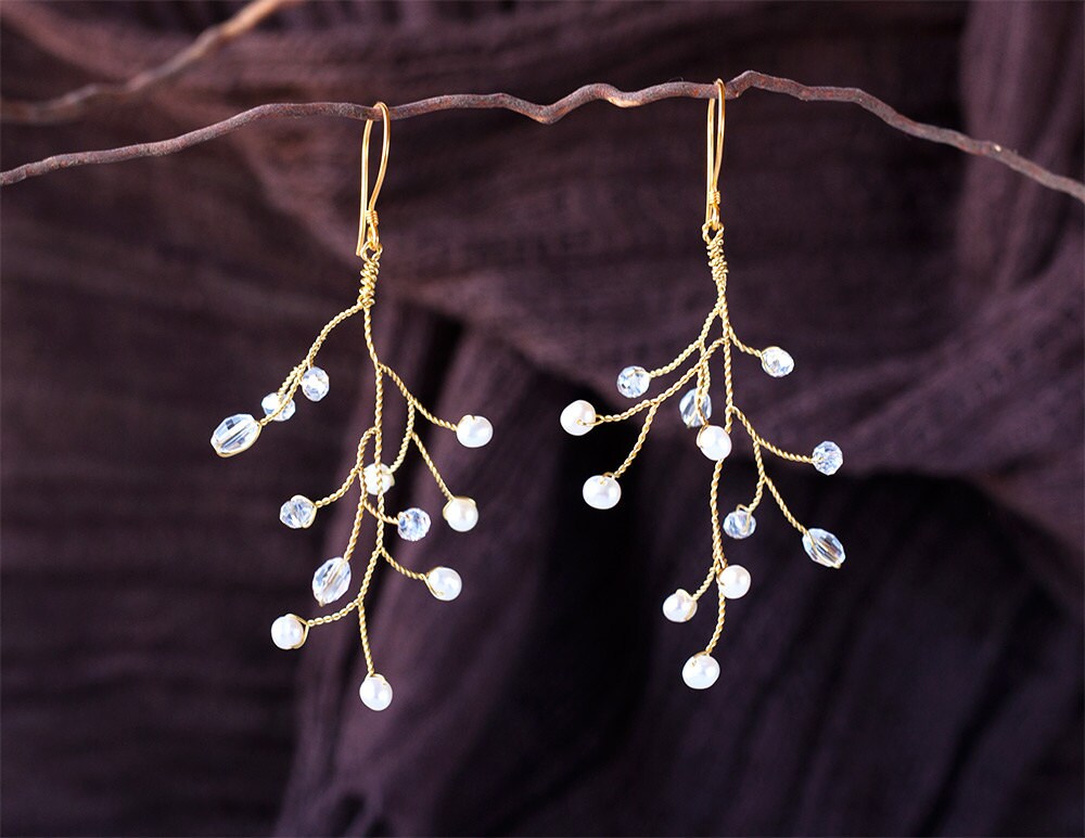 631 – Gold twigs earrings Bridal pearls and crystals branches earrings vine Gold twigs earrings Bridal pearls and crystals branches earrings vine