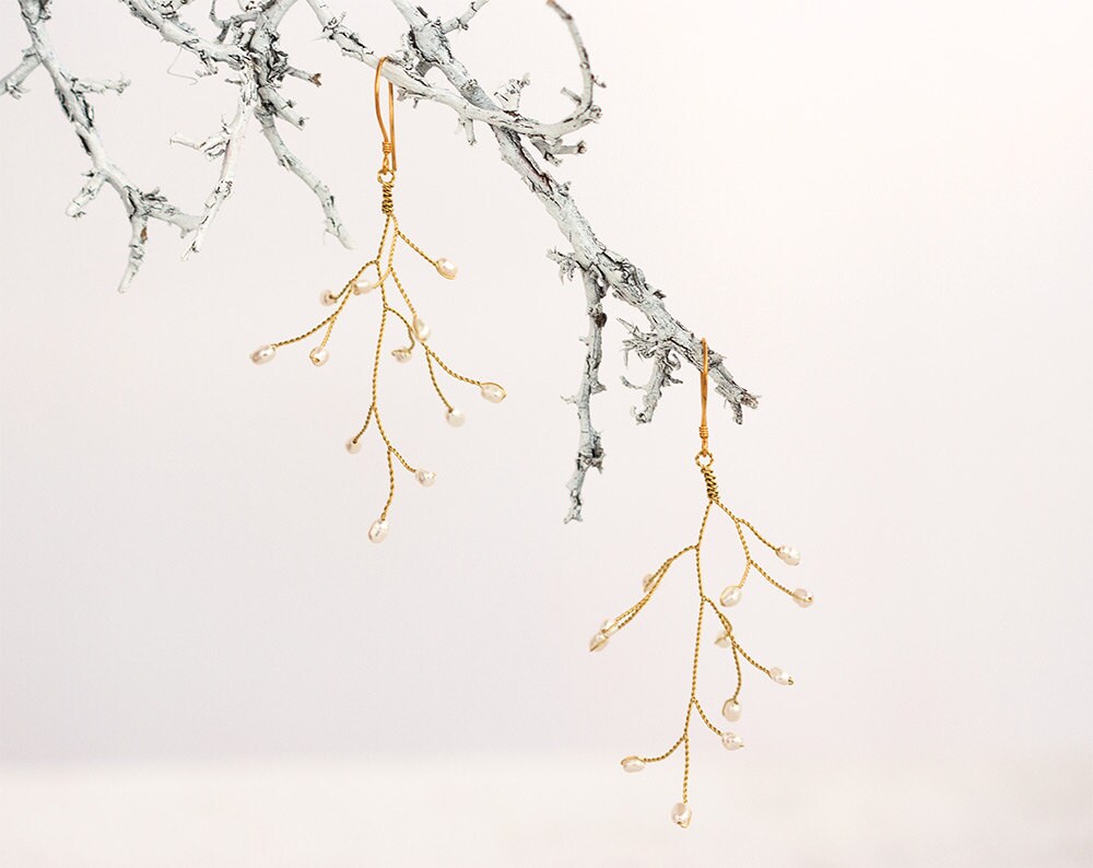 632 – Pearls and Crystals branches earrings Gold handmade twigs bridal vine earrings Pearls and Crystals branches earrings Gold handmade twigs bridal vine earrings