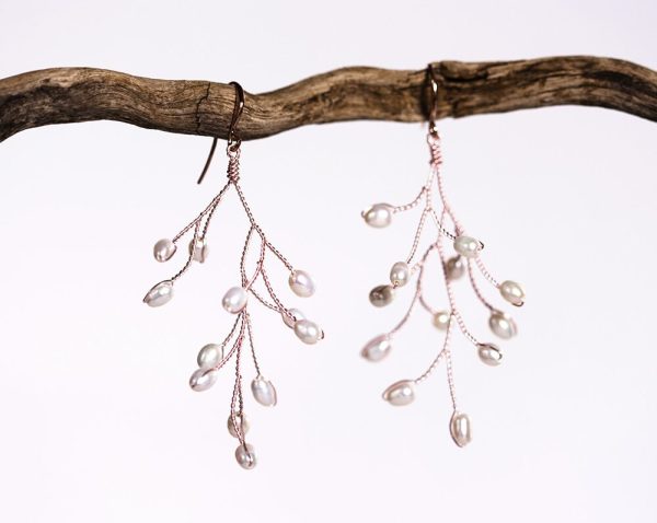 Rose gold twigs earrings Bridal pearls and crystals branches earrings vine