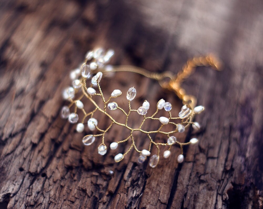Bridal freshwater pearl bracelet Gold twig bracelet Pearl cuff 61 Bridal freshwater pearl bracelet