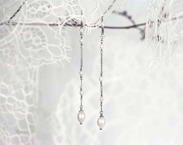 Silver pearl long earrings