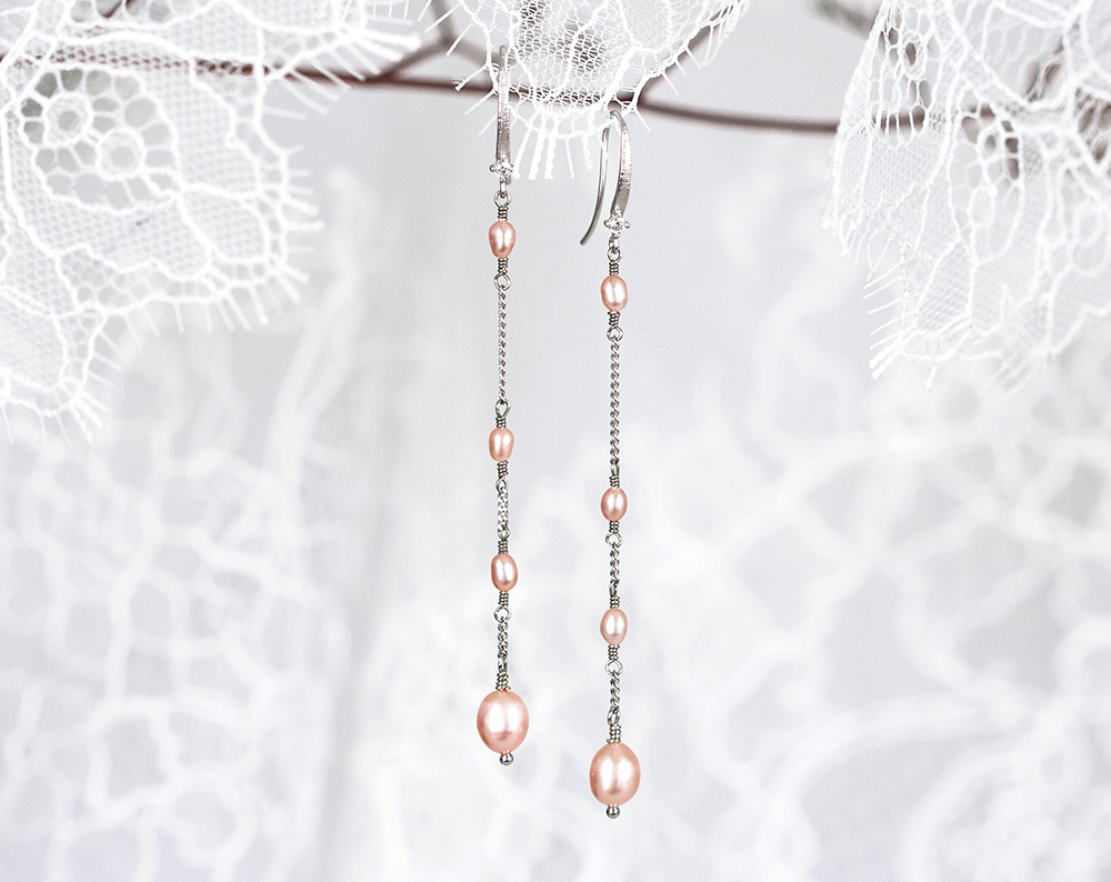 Pink pearl earrings Silver long bridal dangle earrings 635 Gold pearl earrings
